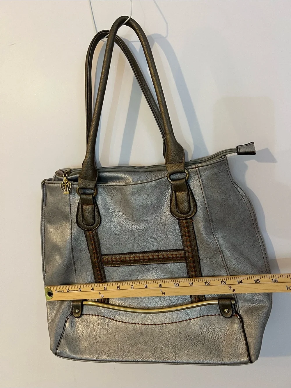 Limelight Metallic Silver Tote Bag, Brown Trim, Braided Detail & Floral Lining - Picture 5 of 16